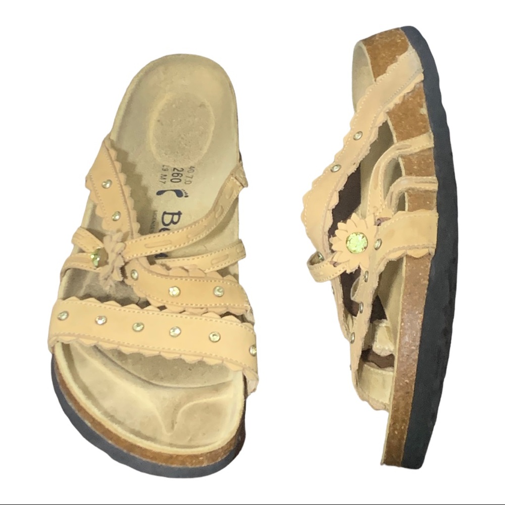 Betula by Birkenstock Yellow Rhinestone Sandals w/Floral Detail Tan Sz 9/40/260